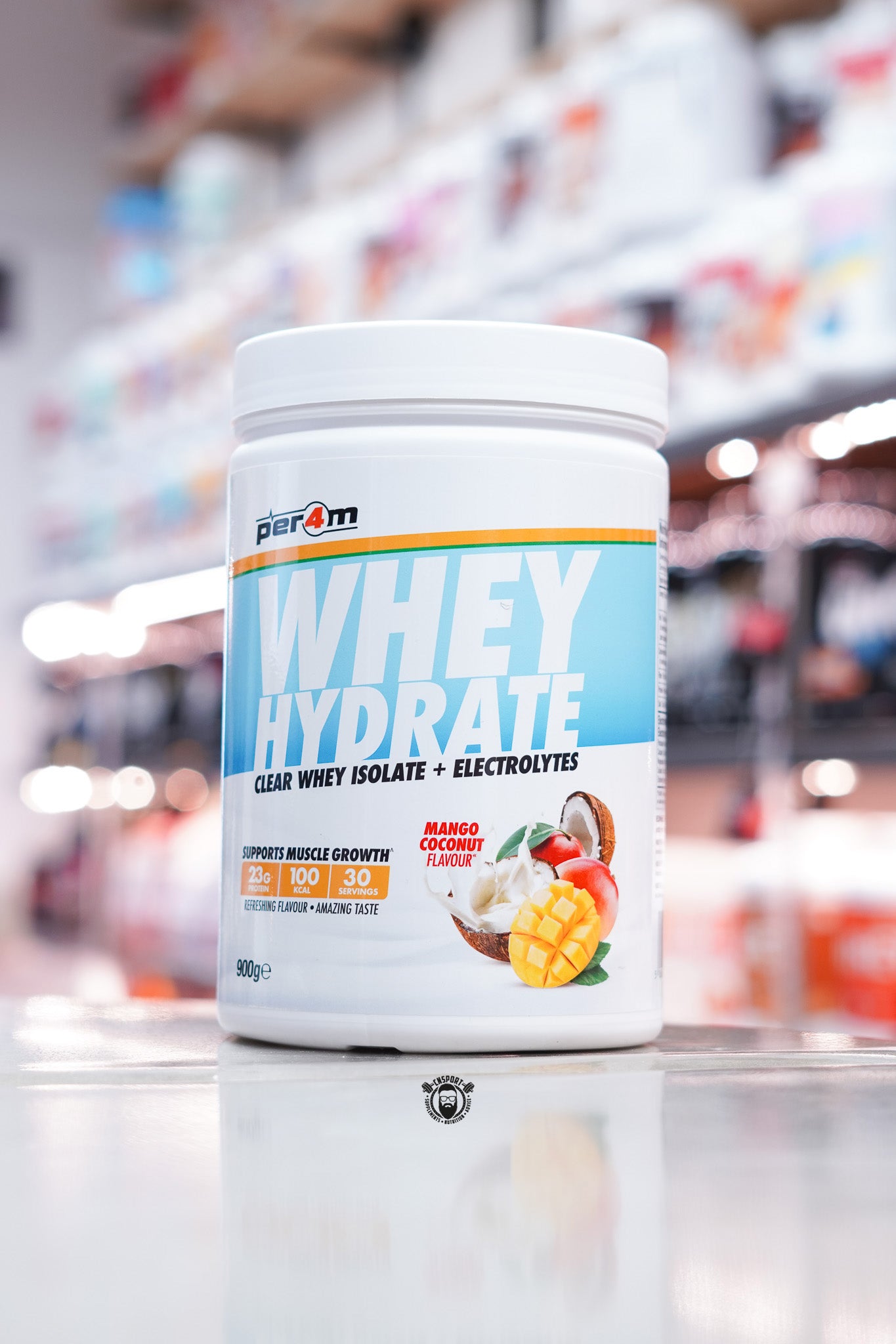 Per4m Whey Hydrate Clear Whey Isolate tub with Mango Coconut label design