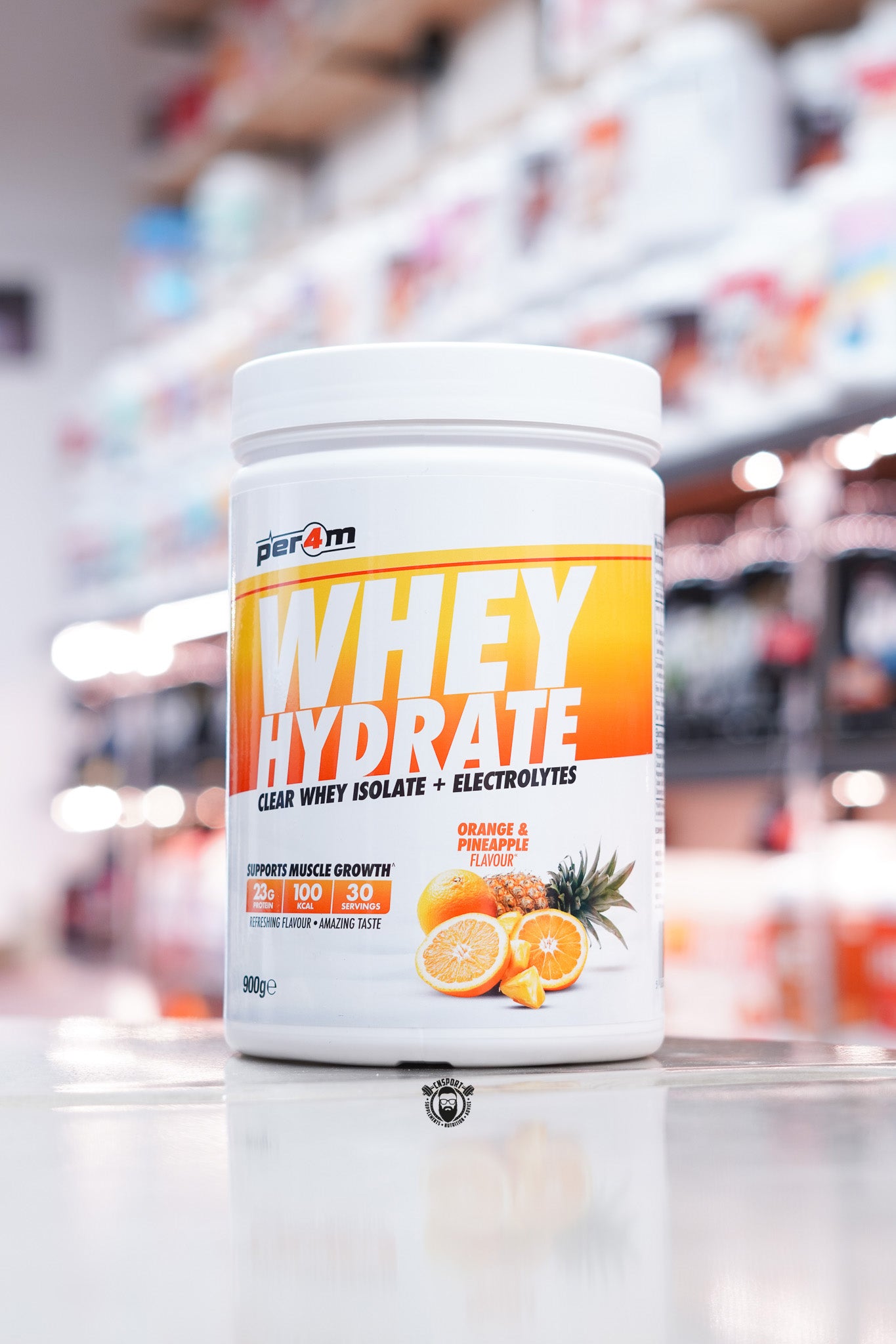 Per4m Whey Hydrate Clear Whey Isolate tub with Orange & Pineapple label design