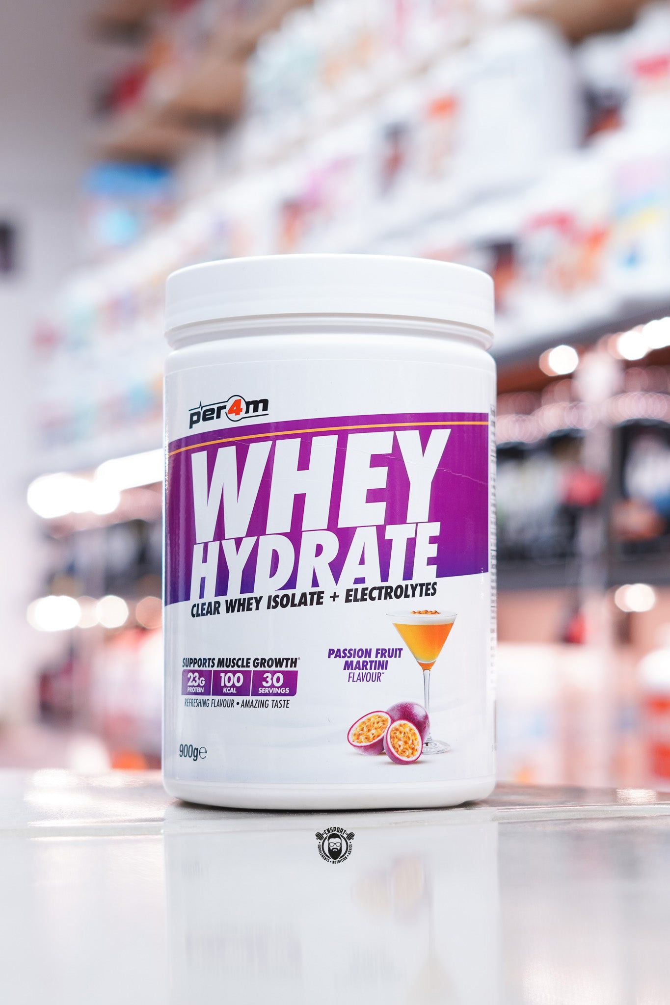 Per4m Whey Hydrate Clear Whey Isolate tub with Passion Fruit Martini label design