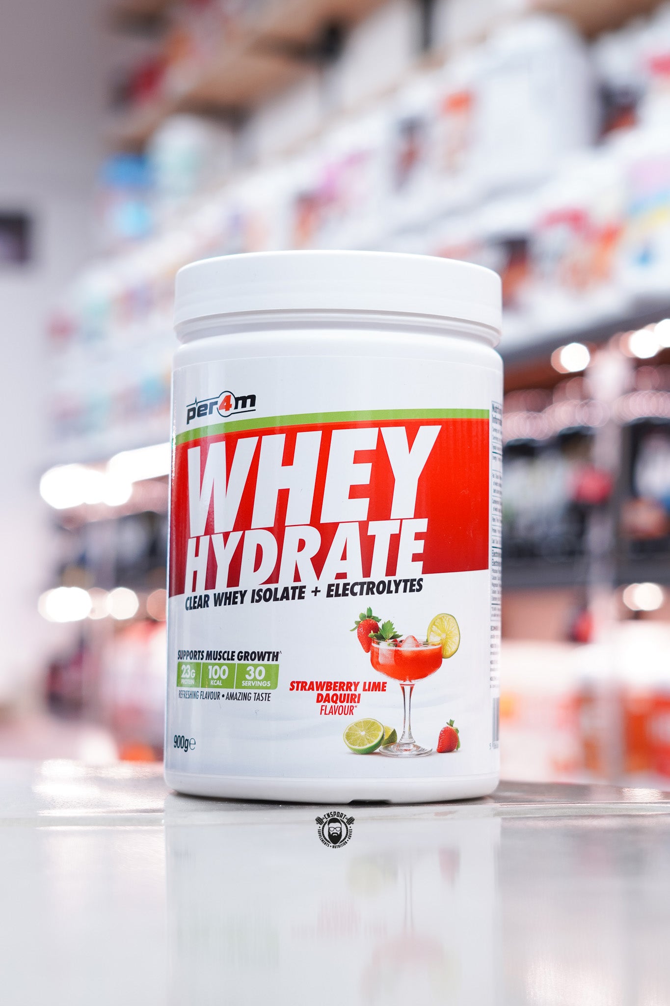 Per4m Whey Hydrate Clear Whey Isolate tub with Strawberry Lime Daiquiri label design