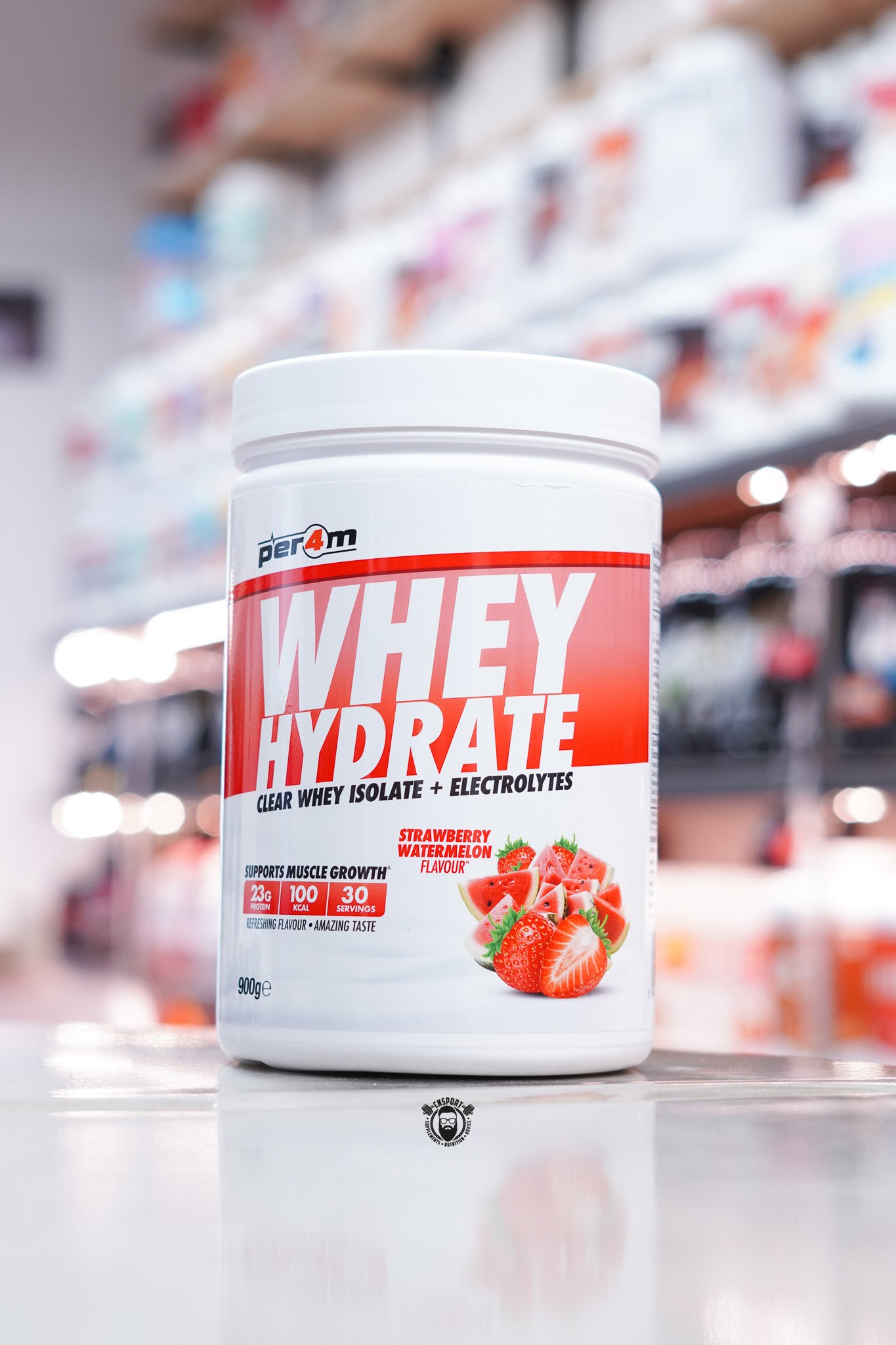 Per4m Whey Hydrate Clear Whey Isolate tub with Strawberry Watermelon label design