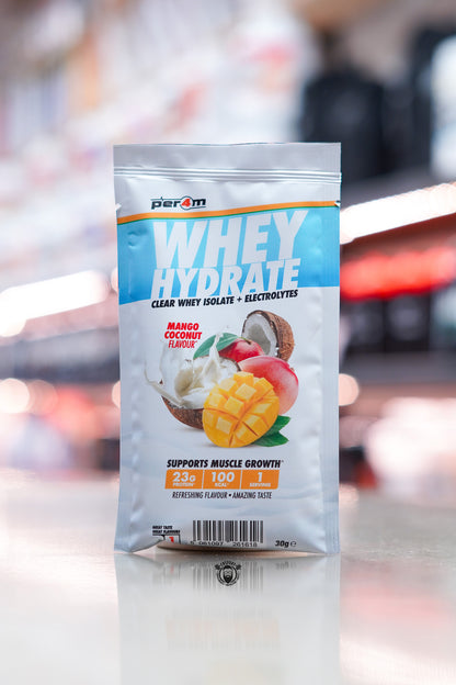 Per4m Whey Hydrate 30g sample sachet, Raspberry Peach flavour, clear whey isolate with electrolytes, displayed on counter in supplement store.