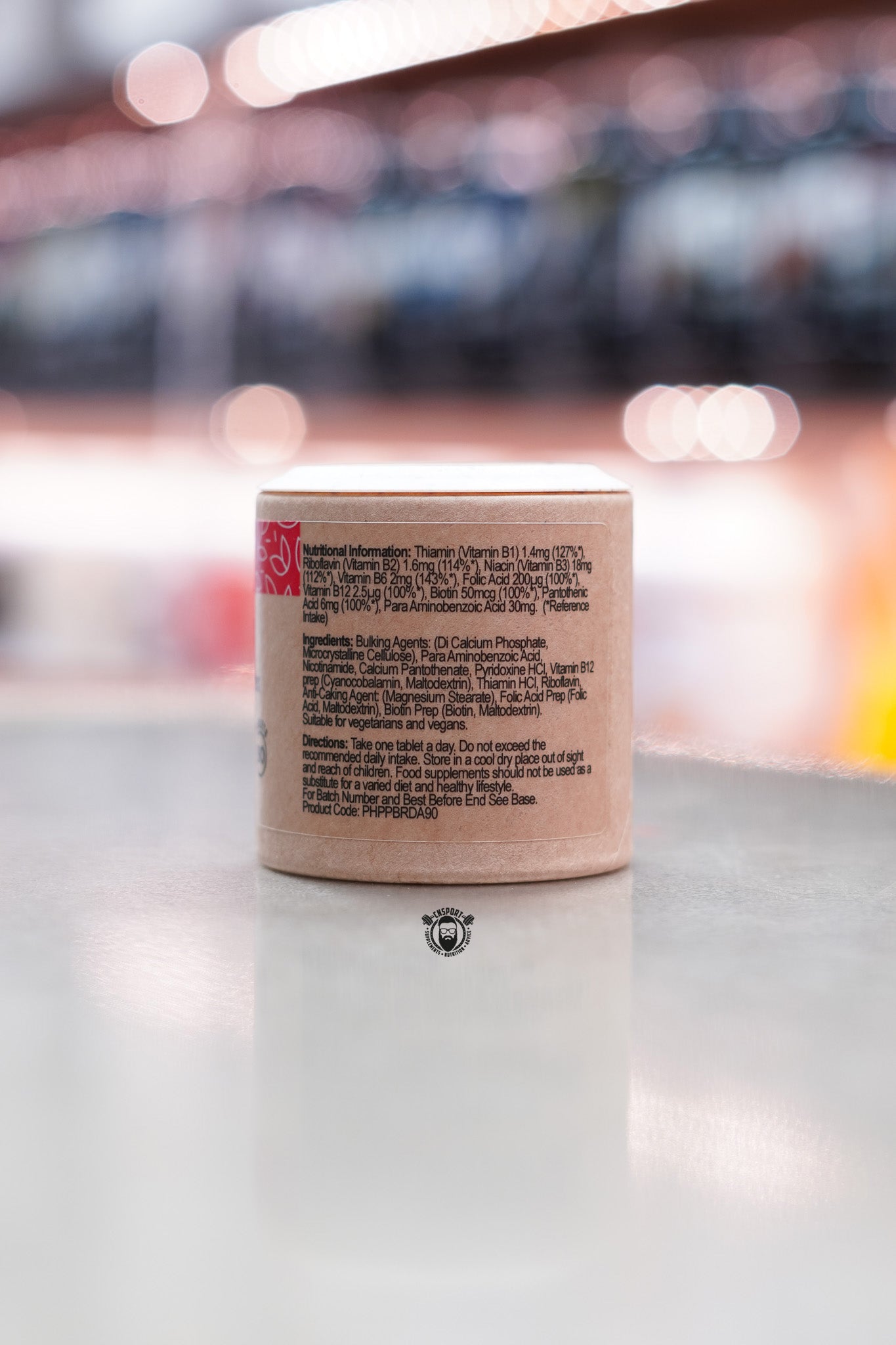 Close-up of Power Health Super B Complex label showing detailed nutritional information, ingredients list, and dosage directions.