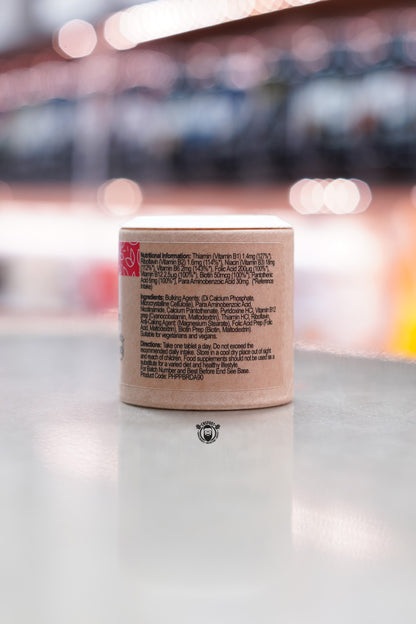 Close-up of Power Health Super B Complex label showing detailed nutritional information, ingredients list, and dosage directions.