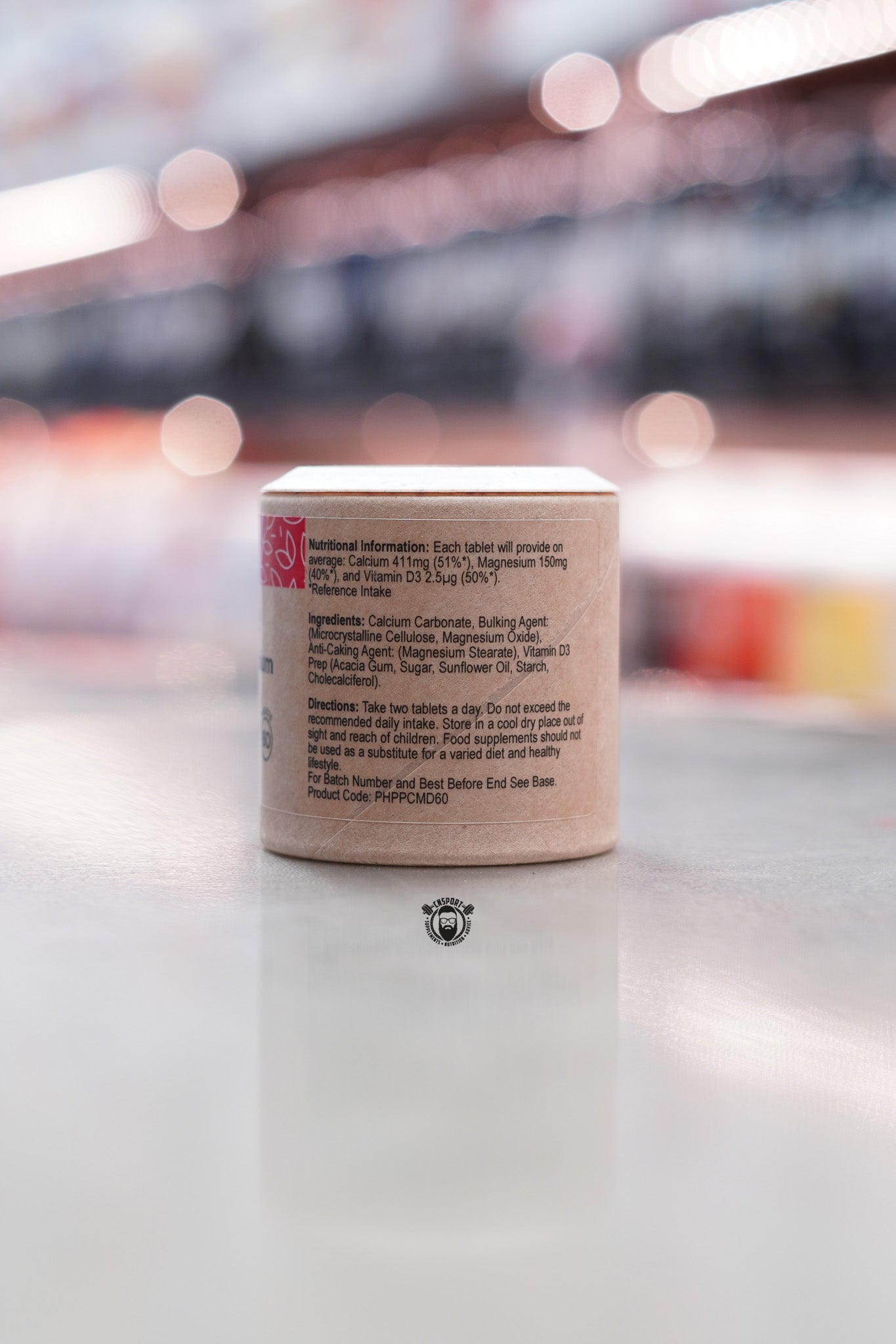 Supplement facts panel showing nutritional information for calcium, magnesium, and vitamin D3, along with ingredient list and directions for use.