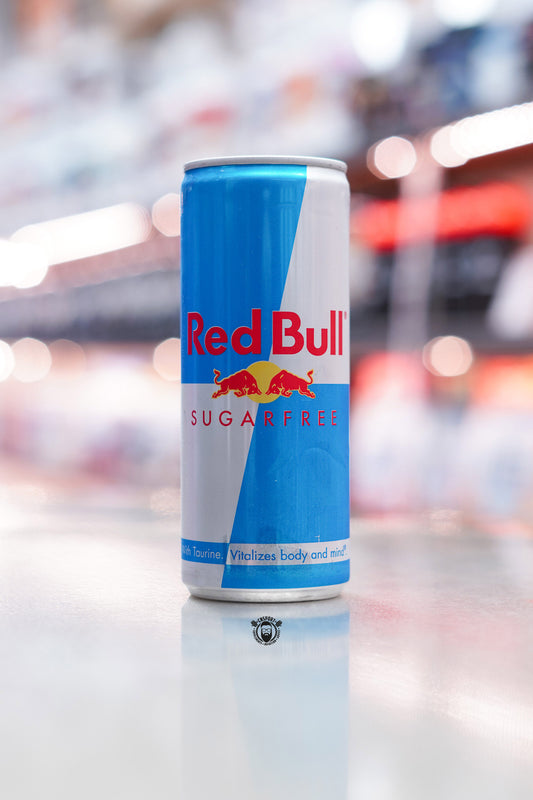Front-facing image of Red Bull Sugarfree 250ml can with signature blue and silver design and red bull logo displayed prominently.