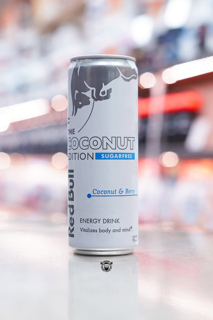 Front view of Red Bull The Coconut Edition Sugarfree 355ml can featuring white and silver design with blue accents and “Coconut & Berry” text.