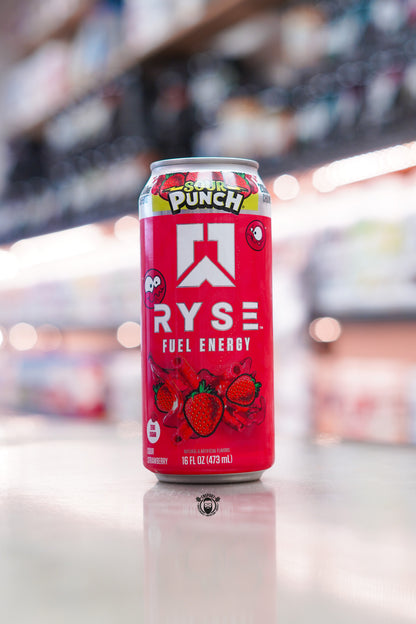 RYSE Fuel Energy Drink 473ml Sour Strawberry flavour can with zero sugar.