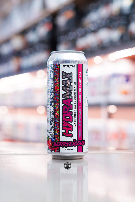 Strom HydraMax Berrylicous hydration drink can made with real coconut water on retail counter with blurred supplement store background