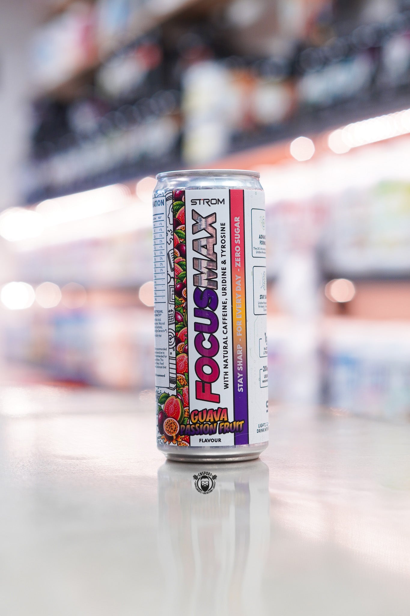 Strom FocusMax functional energy drink in Guava & Passion Fruit flavour, featuring natural caffeine, uridine and tyrosine in a zero sugar 330ml can designed to support focus and everyday mental performance.