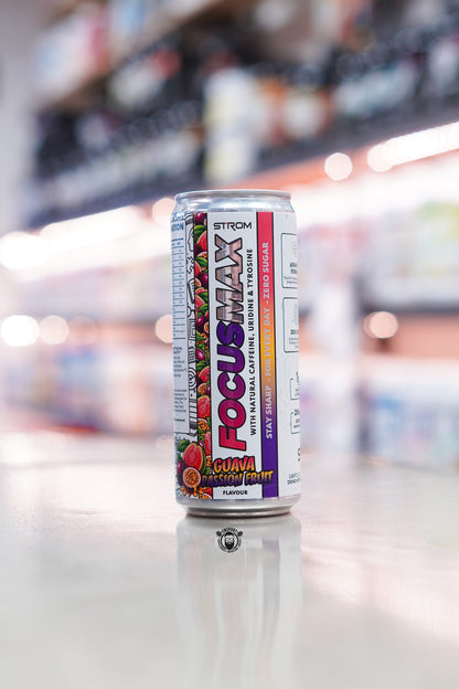 Strom FocusMax functional energy drink in Guava & Passion Fruit flavour, featuring natural caffeine, uridine and tyrosine in a zero sugar 330ml can designed to support focus and everyday mental performance.