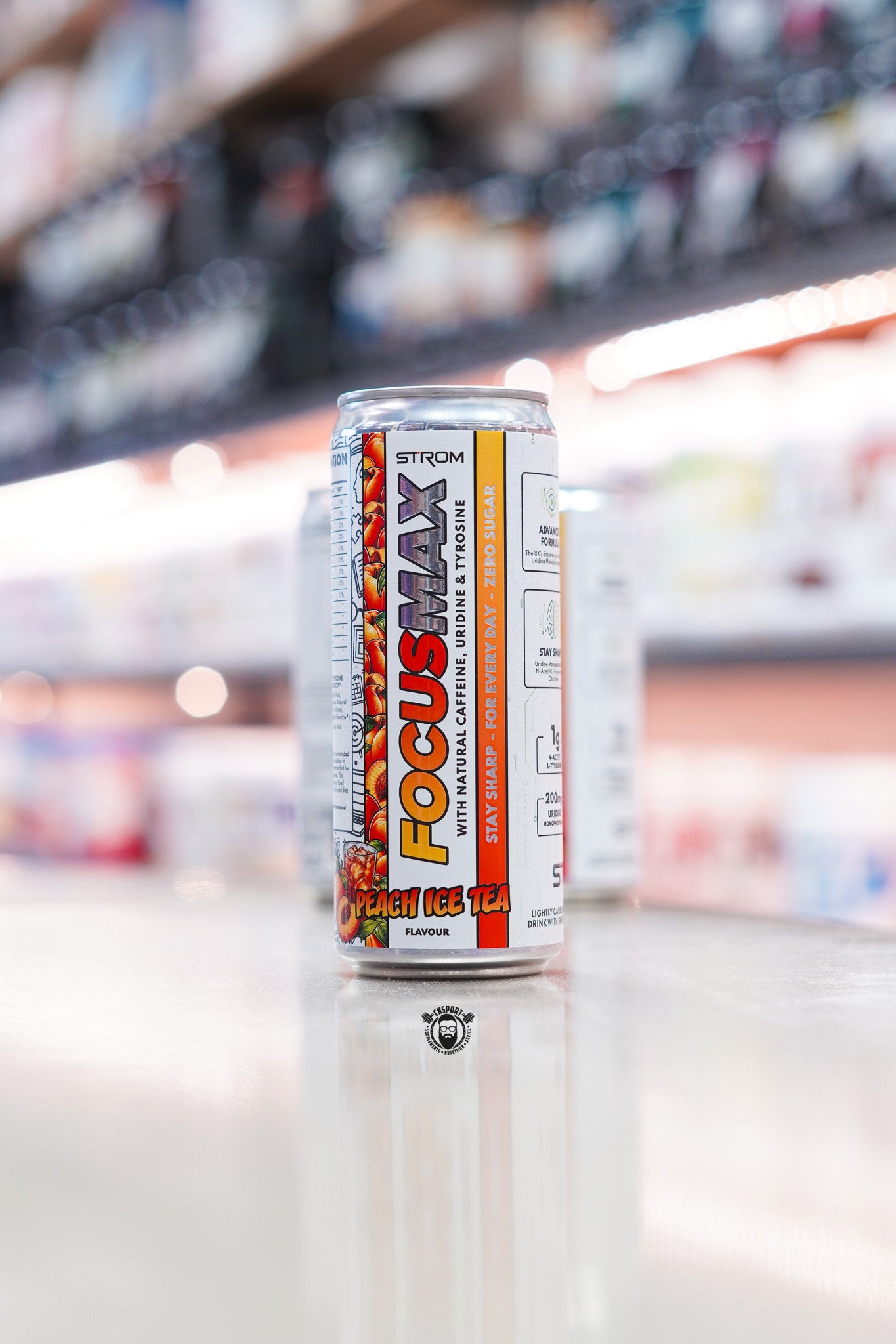 Strom FocusMax 330ml Peach Ice Tea flavour zero sugar caffeinated focus drink can.