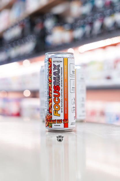 Strom FocusMax 330ml Peach Ice Tea flavour zero sugar caffeinated focus drink can.