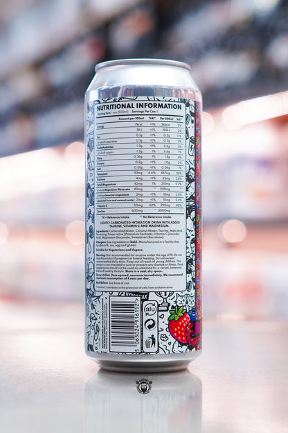 Back panel of Strom HydraMax 500ml hydration drink can showing nutritional information, electrolytes, taurine, vitamin C and barcode on retail counter with blurred supplement store background