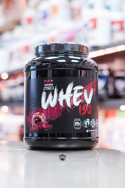 Front-facing image of TWP All The Whey Iso Jam Roly Poly flavour with vibrant red design, dessert image, and protein per serving callouts.