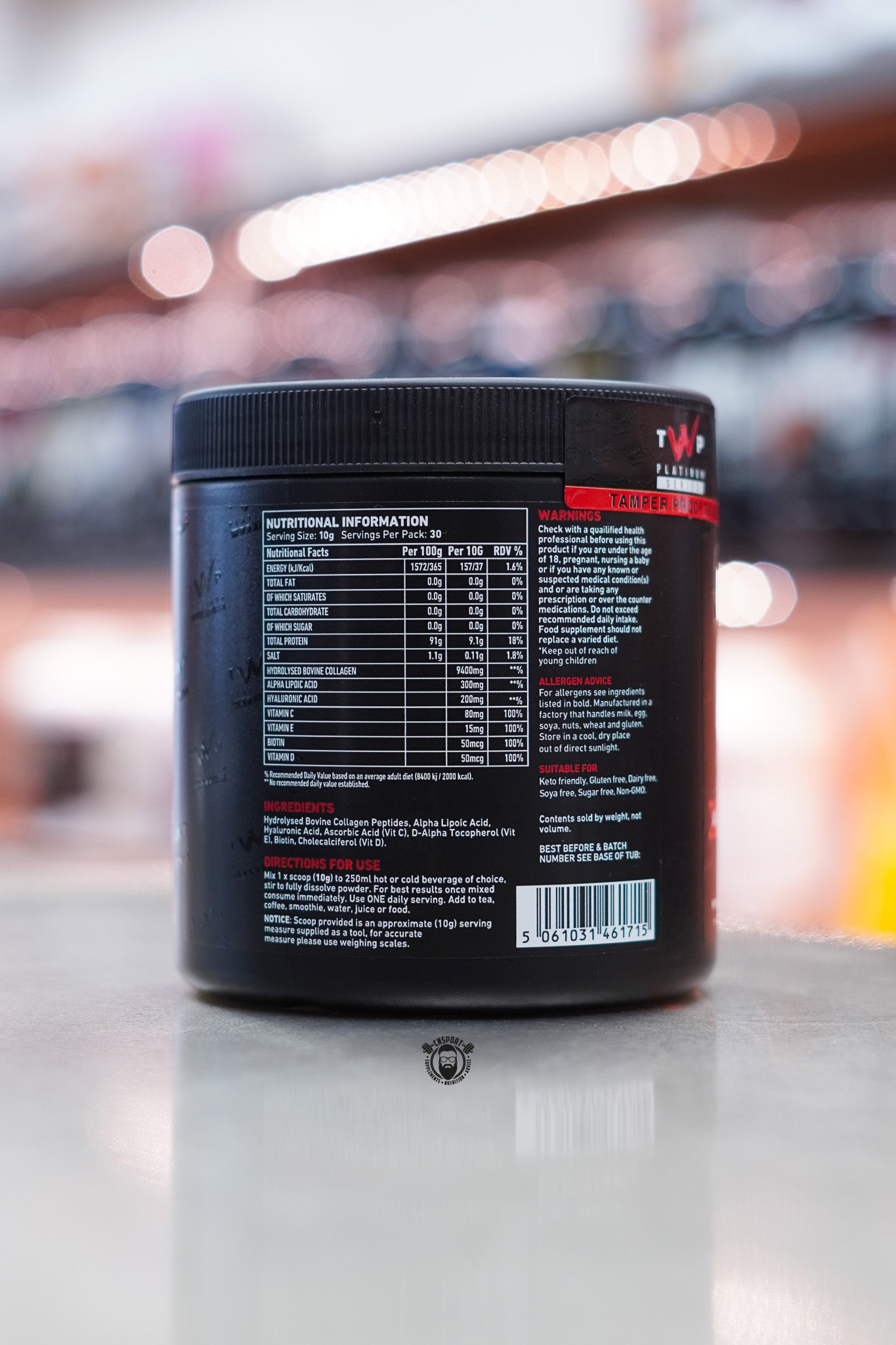 Close-up of the TWP Collagen Raw nutritional information panel showing ingredient breakdown, serving size, and directions for use.