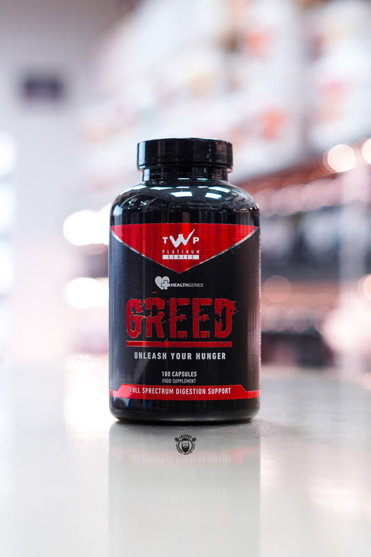 TWP Greed digestion and appetite support capsules, 180 capsules, black bottle on supplement store counter.