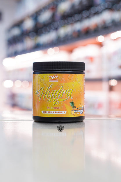 TWP Hydra Plenish hydration formula, Pineapple and Coconut flavour, 30 servings tub with yellow label.