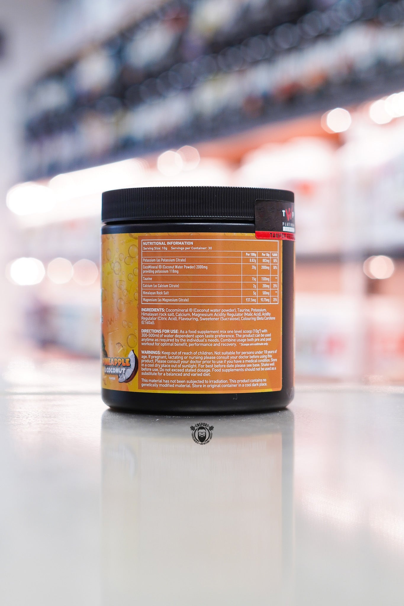 TWP Hydra Plenish hydration formula nutritional information panel showing electrolytes and ingredient breakdown.