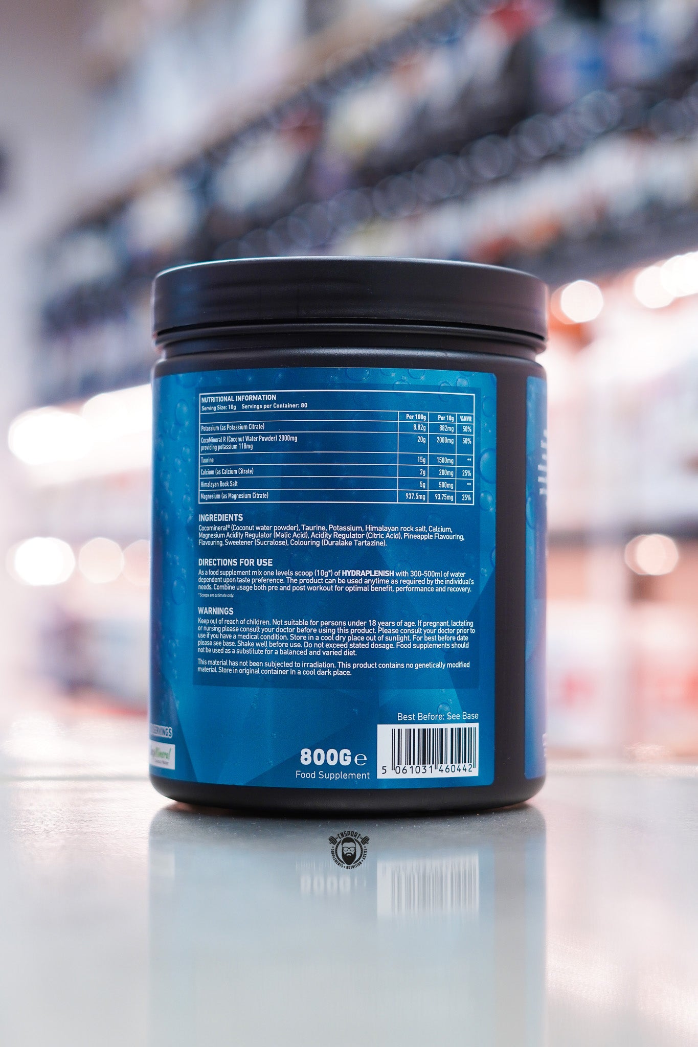 TWP Hydra Plenish hydration formula tub rear label, Mango Passionfruit flavour, showing nutritional information panel.