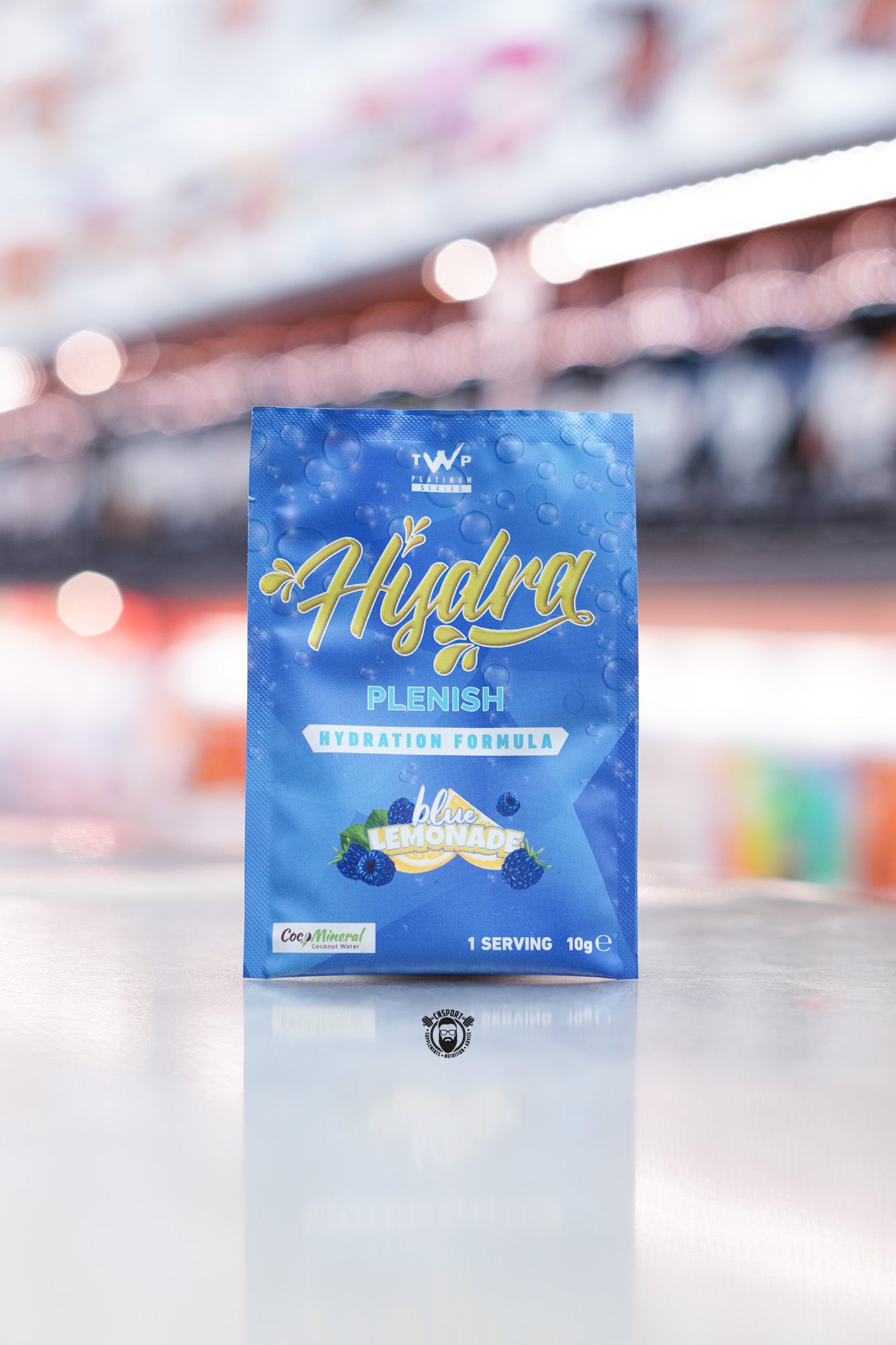 TWP Hydra Plenish hydration formula sample sachet, Blue Lemonade flavour, 10g single serving.