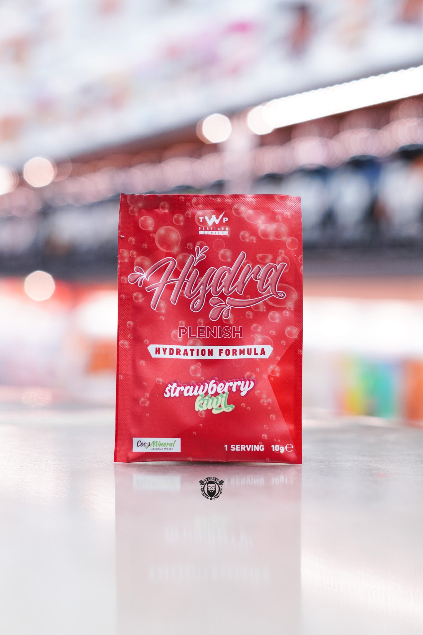 TWP Hydra Plenish hydration formula sample sachet, Strawberry Kiwi flavour, 10g single serving.