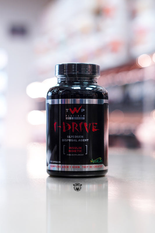 TWP I-Drive GDA glycogen disposal agent supplement, 120 capsules bottle on supplement store counter.