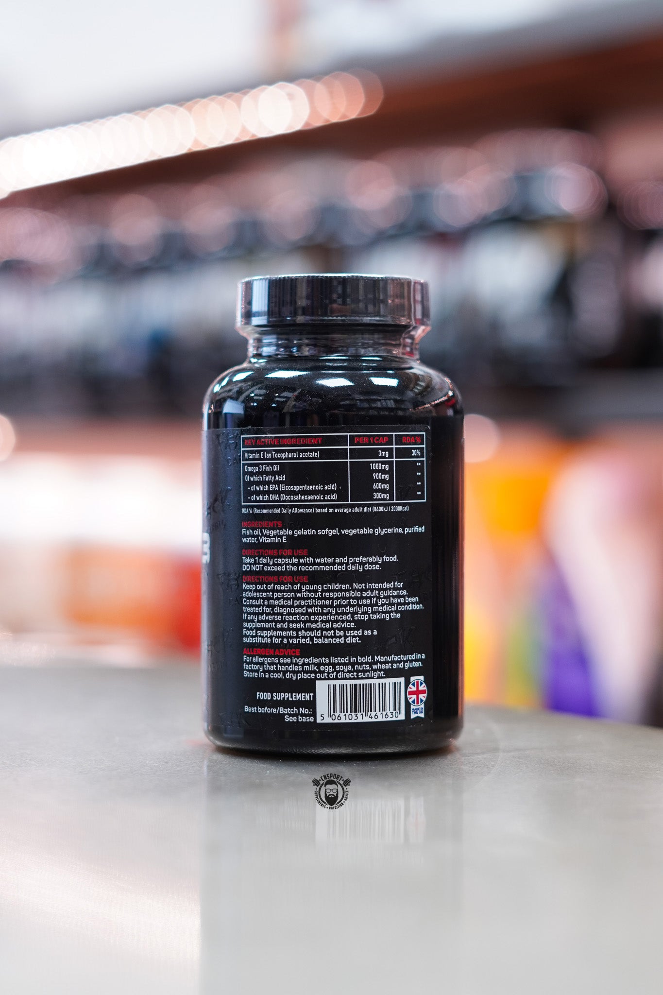 Close-up of the TWP Omega-3 RAW label showing active ingredients, dosage information, and nutritional values per capsule.