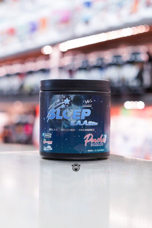 Front-facing image of TWP Sleep EAAzzzy Peaches & Dreams flavour with starry night design and relaxation-focused graphics.