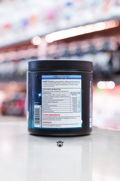 Close-up of TWP Sleep EAAzzzy Peaches & Dreams label showing full supplement facts, ingredients list, and suggested use instructions.