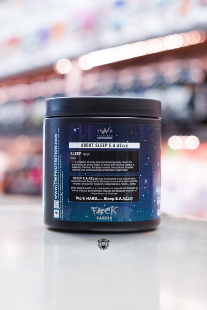 Side view of TWP Sleep EAAzzzy Peaches & Dreams tub showing product description, brand details, and nighttime recovery focus message