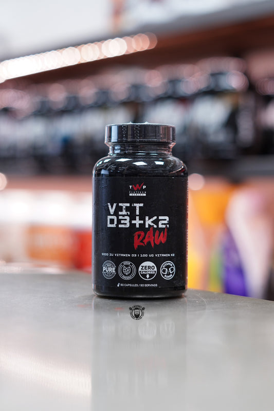 Front-facing image of TWP Platinum Series Vit D3 + K2 RAW supplement bottle highlighting key features such as 5000 IU Vitamin D3, 100 µg Vitamin K2, vegan formula, and zero calories.