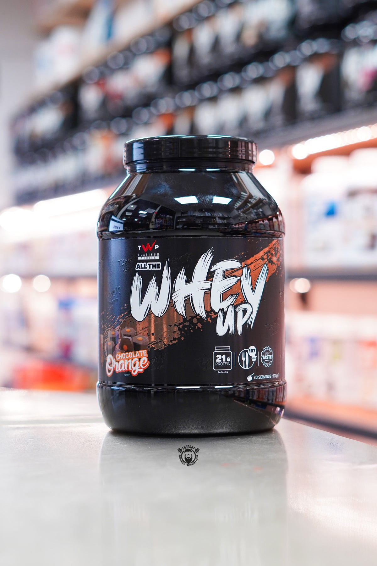 TWP All The Whey Up Chocolate Orange whey protein powder, 900g tub with 30 servings and 21g protein per serving.