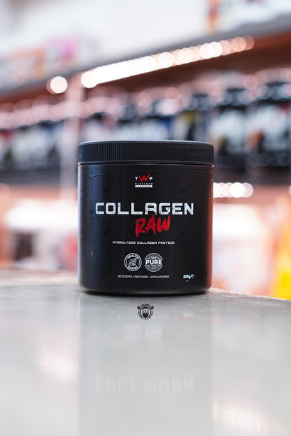 Front-facing image of TWP Platinum Series Collagen Raw tub, featuring bold black and red design with “Hydrolysed Collagen Protein” and “30 Servings – Unflavoured” text.