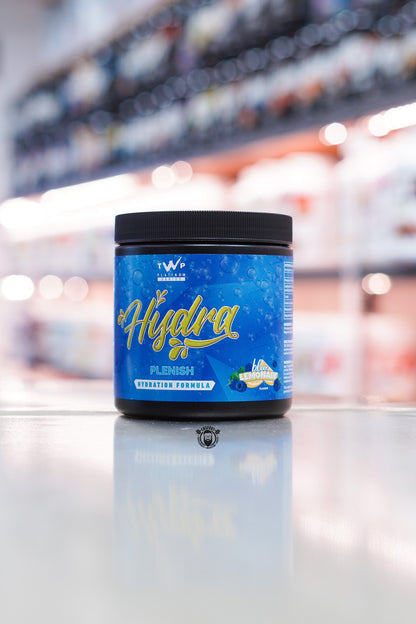 TWP Hydra Plenish hydration formula, Blue Lemonade flavour, 30 servings tub with blue label.