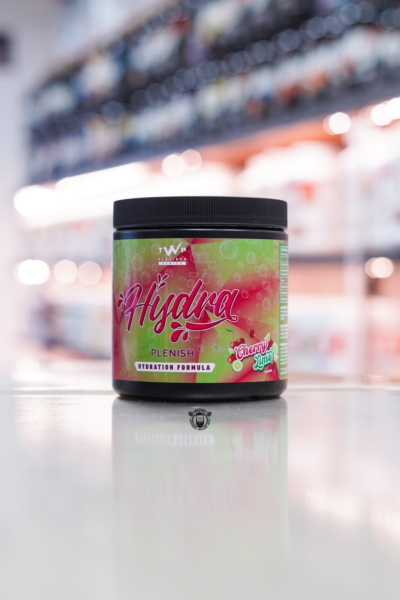 TWP Hydra Plenish hydration formula, Cherry Lime flavour, 30 servings tub with green and red label.