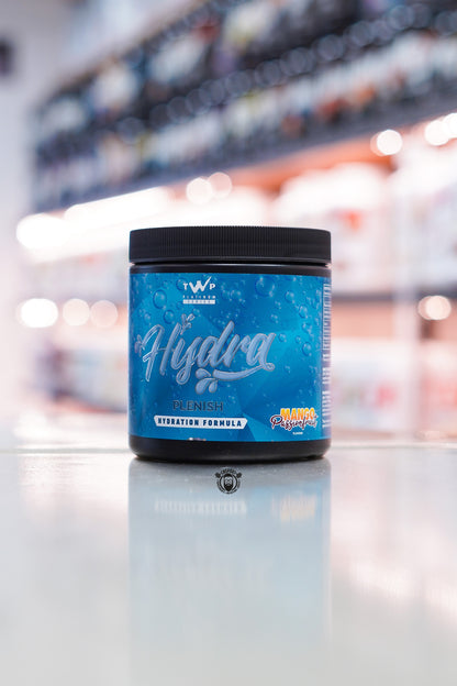 TWP Hydra Plenish hydration formula, Mango Passionfruit flavour, 30 servings tub with blue label.