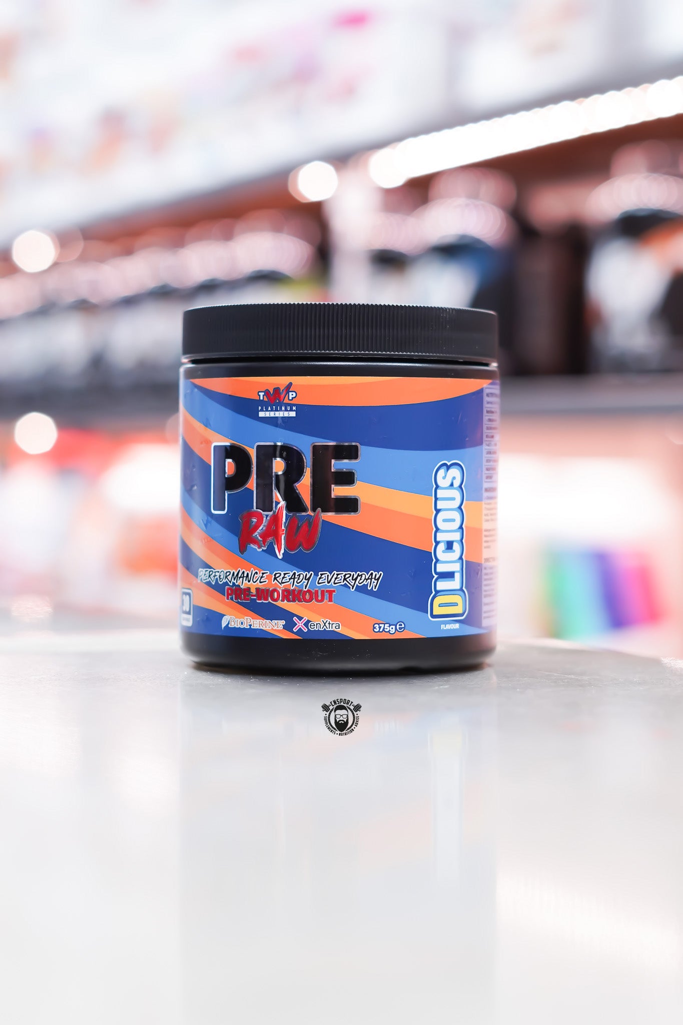TWP Pre Raw Pre-Workout DLICIOUS flavour, 375g tub, performance energy supplement with BioPerine and enXtra, 30 servings.