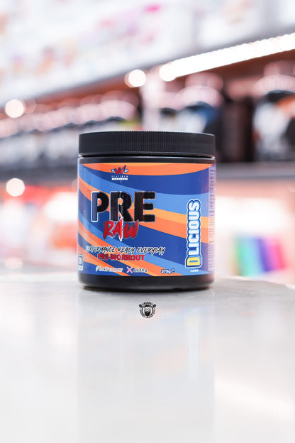TWP Pre Raw Pre-Workout DLICIOUS flavour, 375g tub, performance energy supplement with BioPerine and enXtra, 30 servings.
