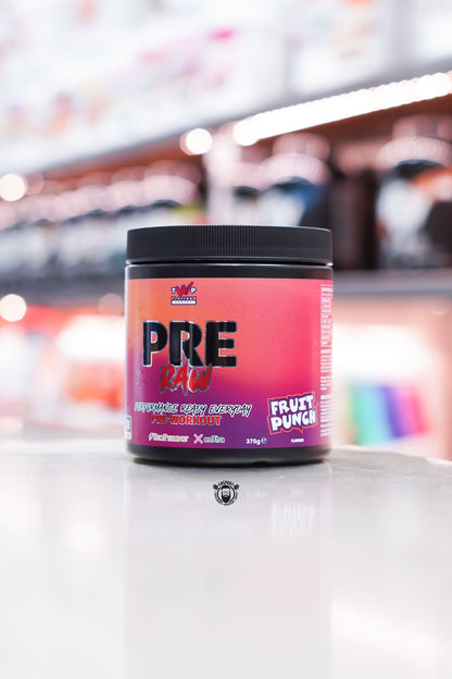 TWP Pre Raw Pre-Workout Fruit Punch flavour, 375g supplement tub, designed for everyday performance, featuring BioPerine and enXtra.