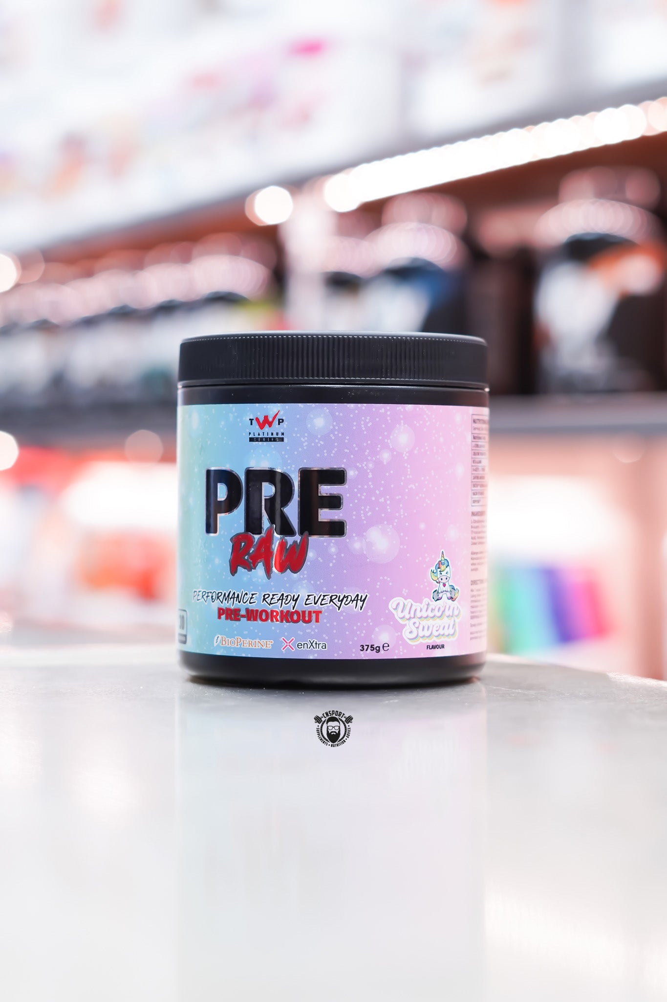 TWP Pre Raw Pre-Workout Unicorn Sweat flavour, 375g container with pastel label, formulated with BioPerine and enXtra for daily performance.