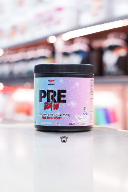 TWP Pre Raw Pre-Workout Unicorn Sweat flavour, 375g container with pastel label, formulated with BioPerine and enXtra for daily performance.