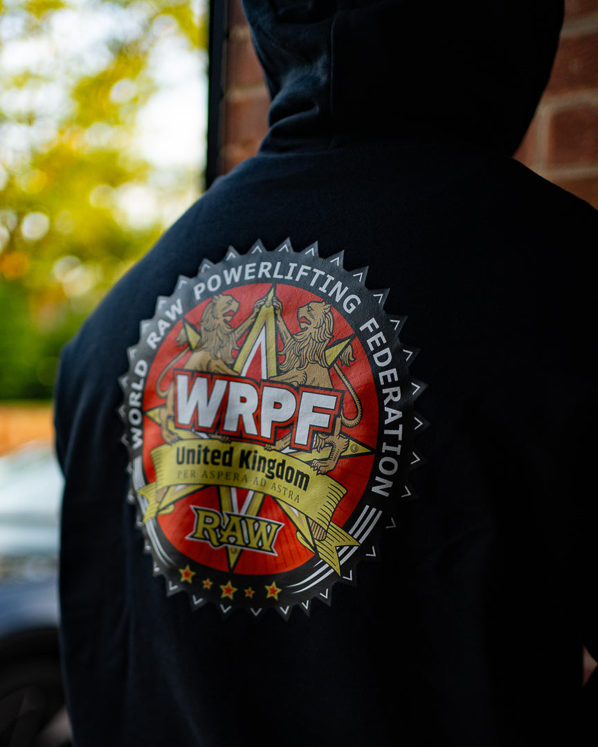Back of WRPF UK hoodie featuring large detailed WRPF United Kingdom logo with lions and RAW banner