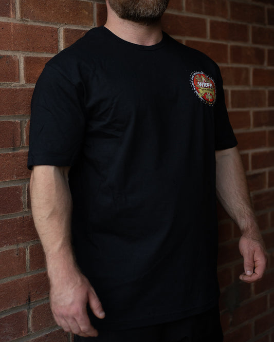Black WRPF UK T-shirt with WRPF United Kingdom crest design on the left chest, shown on model in natural lighting